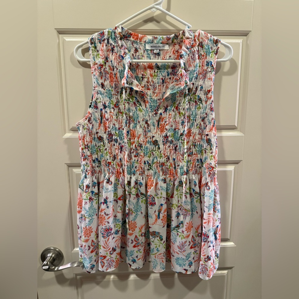 Rose + Olive Sz XL Tunic Top Ruched Babydoll Peplum Floral Bird Print Fairy Y2K